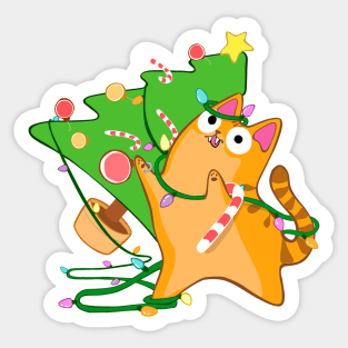 Zoomies Christmas Cat Orange Tabby Knocking Over Tree Funny Sticker